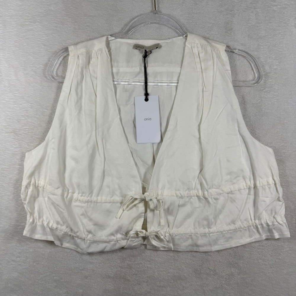Onia White Tie Front Top WCT57-01OP Sleeveless Cropped Linen Vest Large NWT